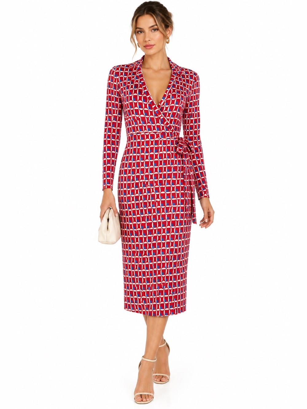 BODEN Red Geometric Long Sleeve Wrap Dress